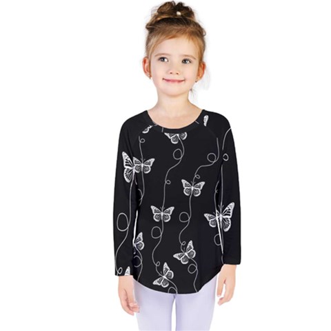 Black And White Butterfly Pattern Kids  Long Sleeve Tee by SpinnyChairDesigns