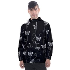 Black And White Butterfly Pattern Men s Front Pocket Pullover Windbreaker