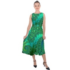 Green Floral Fern Swirls And Spirals Midi Tie-back Chiffon Dress by SpinnyChairDesigns