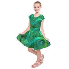 Green Floral Fern Swirls And Spirals Kids  Short Sleeve Dress by SpinnyChairDesigns