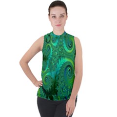 Green Floral Fern Swirls And Spirals Mock Neck Chiffon Sleeveless Top by SpinnyChairDesigns