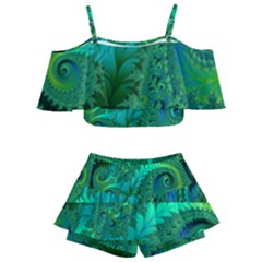 Green Floral Fern Swirls And Spirals Kids  Off Shoulder Skirt Bikini by SpinnyChairDesigns