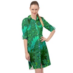 Green Floral Fern Swirls And Spirals Long Sleeve Mini Shirt Dress by SpinnyChairDesigns