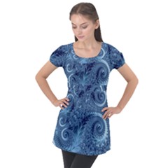 Blue Floral Fern Swirls And Spirals  Puff Sleeve Tunic Top by SpinnyChairDesigns