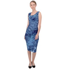 Blue Floral Fern Swirls And Spirals  Sleeveless Pencil Dress by SpinnyChairDesigns