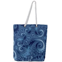 Blue Floral Fern Swirls And Spirals  Full Print Rope Handle Tote (large) by SpinnyChairDesigns