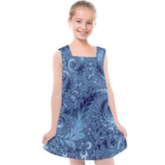 Blue Floral Fern Swirls And Spirals  Kids  Cross Back Dress by SpinnyChairDesigns
