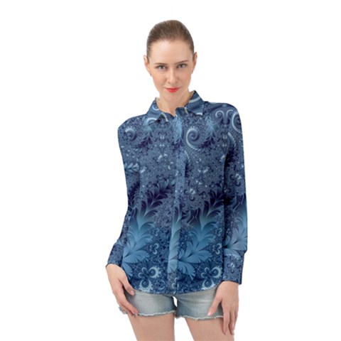 Blue Floral Fern Swirls And Spirals  Long Sleeve Chiffon Shirt by SpinnyChairDesigns