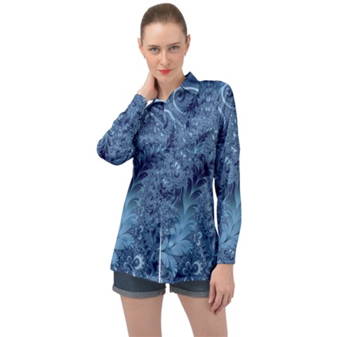 Blue Floral Fern Swirls And Spirals  Long Sleeve Satin Shirt by SpinnyChairDesigns