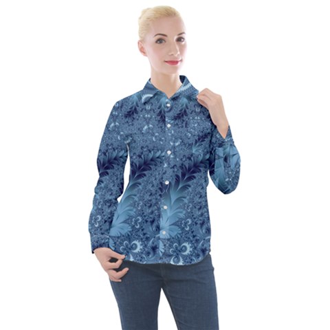 Blue Floral Fern Swirls And Spirals  Women s Long Sleeve Pocket Shirt by SpinnyChairDesigns