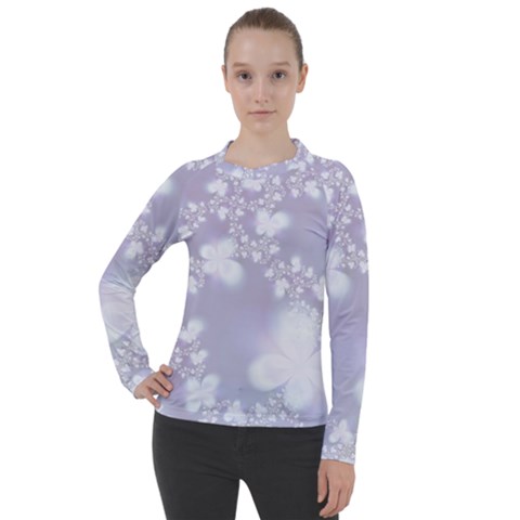 Pale Violet And White Floral Pattern Women s Pique Long Sleeve Tee by SpinnyChairDesigns