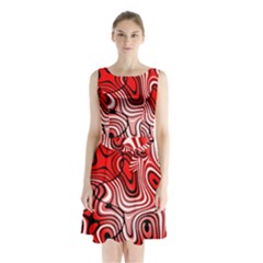 Black Red White Abstract Stripes Sleeveless Waist Tie Chiffon Dress by SpinnyChairDesigns