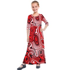 Black Red White Abstract Stripes Kids  Quarter Sleeve Maxi Dress