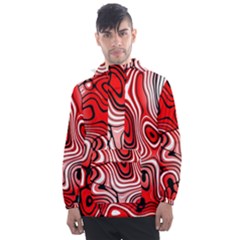 Black Red White Abstract Stripes Men s Front Pocket Pullover Windbreaker by SpinnyChairDesigns