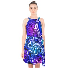 Blue Purple Abstract Stripes Halter Collar Waist Tie Chiffon Dress by SpinnyChairDesigns