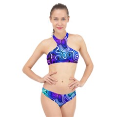 Blue Purple Abstract Stripes High Neck Bikini Set by SpinnyChairDesigns