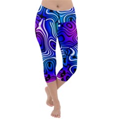 Blue Purple Abstract Stripes Lightweight Velour Capri Yoga Leggings by SpinnyChairDesigns