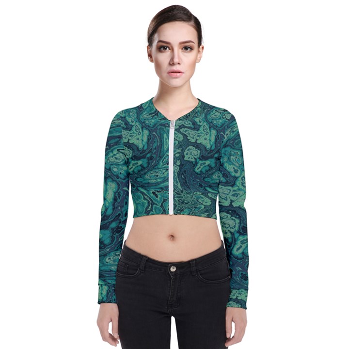 Dark Green Marbled Texture Long Sleeve Zip Up Bomber Jacket