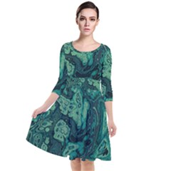 Dark Green Marbled Texture Quarter Sleeve Waist Band Dress by SpinnyChairDesigns