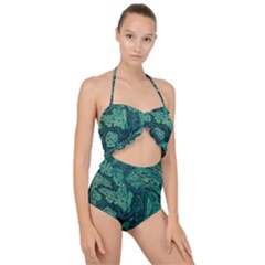 Dark Green Marbled Texture Scallop Top Cut Out Swimsuit by SpinnyChairDesigns