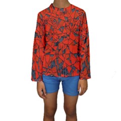 Red Grey Abstract Grunge Pattern Kids  Long Sleeve Swimwear by SpinnyChairDesigns