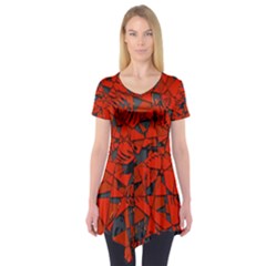Red Grey Abstract Grunge Pattern Short Sleeve Tunic  by SpinnyChairDesigns