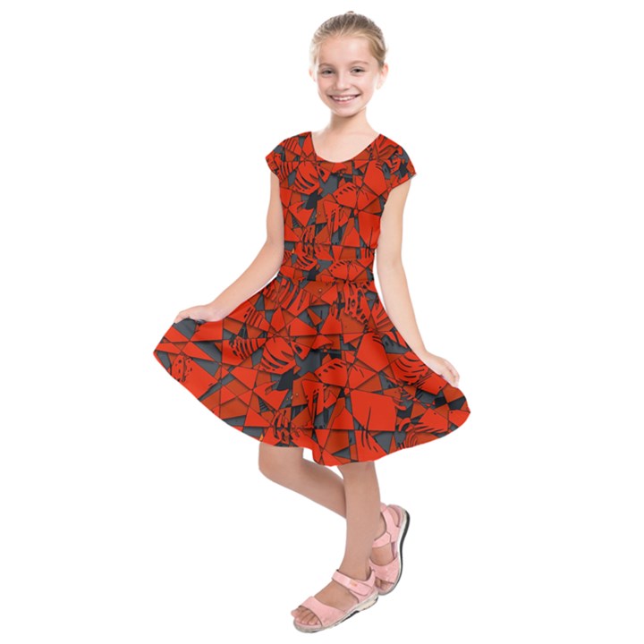 Red Grey Abstract Grunge Pattern Kids  Short Sleeve Dress