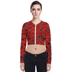 Red Grey Abstract Grunge Pattern Long Sleeve Zip Up Bomber Jacket by SpinnyChairDesigns
