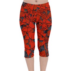 Red Grey Abstract Grunge Pattern Velvet Capri Leggings  by SpinnyChairDesigns