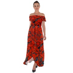 Red Grey Abstract Grunge Pattern Off Shoulder Open Front Chiffon Dress by SpinnyChairDesigns