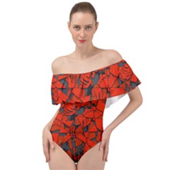 Red Grey Abstract Grunge Pattern Off Shoulder Velour Bodysuit  by SpinnyChairDesigns