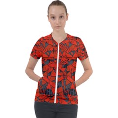 Red Grey Abstract Grunge Pattern Short Sleeve Zip Up Jacket by SpinnyChairDesigns