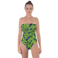 Green Blue Abstract Grunge Pattern Tie Back One Piece Swimsuit by SpinnyChairDesigns