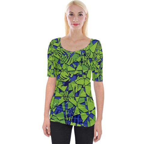 Green Blue Abstract Grunge Pattern Wide Neckline Tee by SpinnyChairDesigns