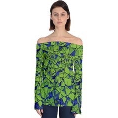 Green Blue Abstract Grunge Pattern Off Shoulder Long Sleeve Top by SpinnyChairDesigns