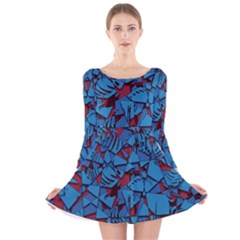 Red Blue Abstract Grunge Pattern Long Sleeve Velvet Skater Dress