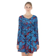 Red Blue Abstract Grunge Pattern Long Sleeve Velvet V-neck Dress by SpinnyChairDesigns