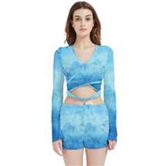 Abstract Sky Blue Texture Velvet Wrap Crop Top