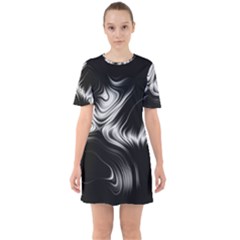 Black And White Abstract Swirls Sixties Short Sleeve Mini Dress by SpinnyChairDesigns