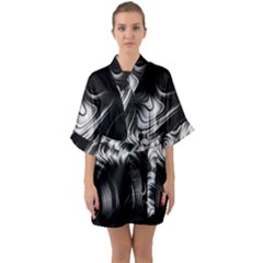 Black And White Abstract Swirls Half Sleeve Satin Kimono 