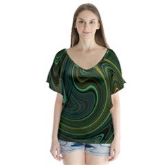 Dark Green Swirls V-neck Flutter Sleeve Top by SpinnyChairDesigns