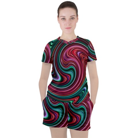 Red Green Swirls Women s Tee And Shorts Set by SpinnyChairDesigns