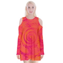 Pink And Orange Swirl Velvet Long Sleeve Shoulder Cutout Dress by SpinnyChairDesigns
