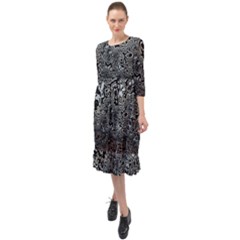 Urban Camouflage Black Grey Brown Ruffle End Midi Chiffon Dress