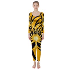 Black Yellow Abstract Floral Pattern Long Sleeve Catsuit