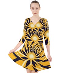 Black Yellow Abstract Floral Pattern Quarter Sleeve Front Wrap Dress by SpinnyChairDesigns