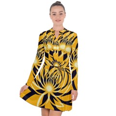 Black Yellow Abstract Floral Pattern Long Sleeve Panel Dress