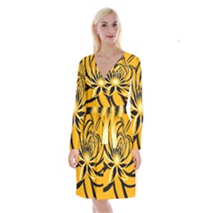 Black Yellow Abstract Floral Pattern Long Sleeve Velvet Front Wrap Dress