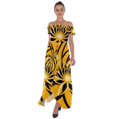 Black Yellow Abstract Floral Pattern Off Shoulder Open Front Chiffon Dress by SpinnyChairDesigns