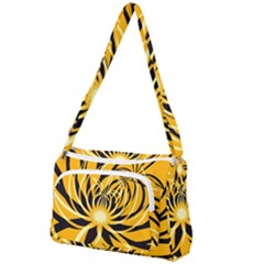 Black Yellow Abstract Floral Pattern Front Pocket Crossbody Bag by SpinnyChairDesigns